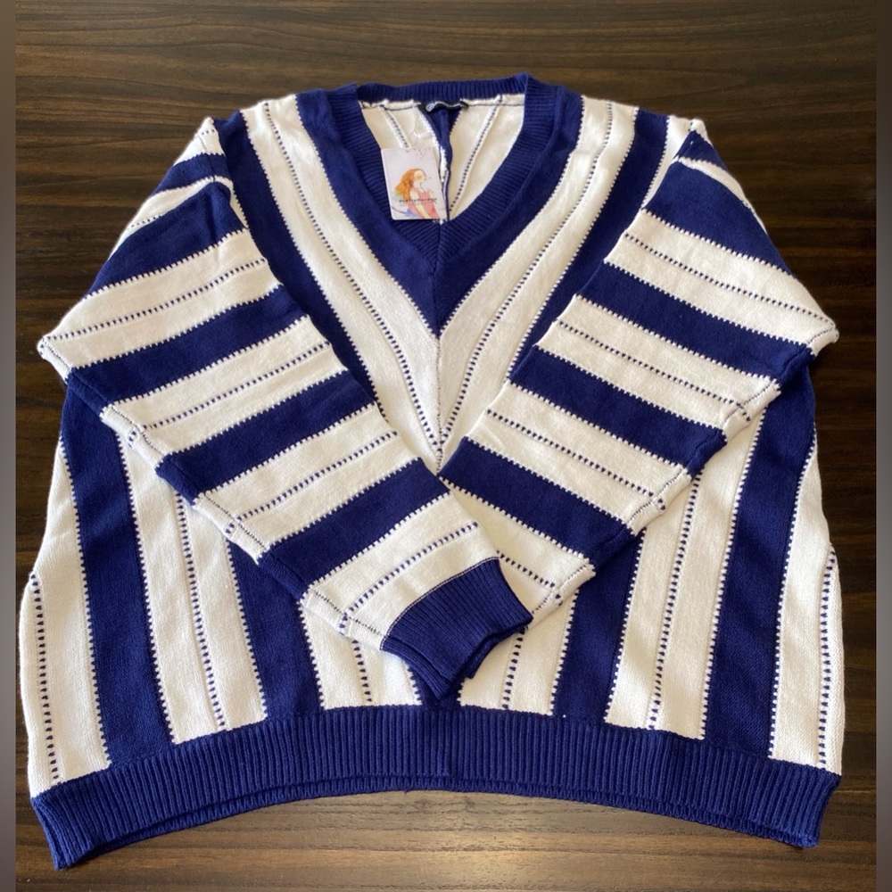 PrettyGarden Striped V-Neck-Sweater-Navy Blue & White- NWT Size XXL - Picture 3 of 10